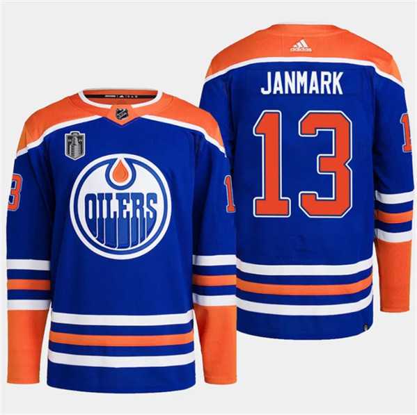 Men%27s Edmonton Oilers #13 Mattias Janmark Royal 2024 Stanley Cup Final Patch Stitched Jersey Dzhi